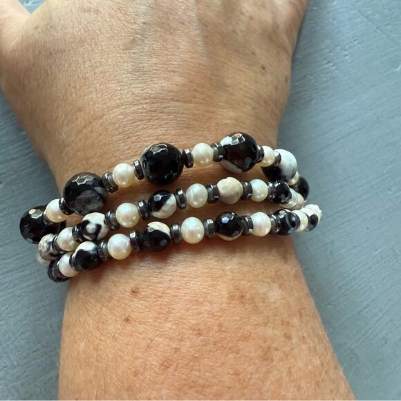 925 Sterling Silver Beaded Ocean Jasper & Pearl Triple Stranded Bracelet - Picture 2 of 7